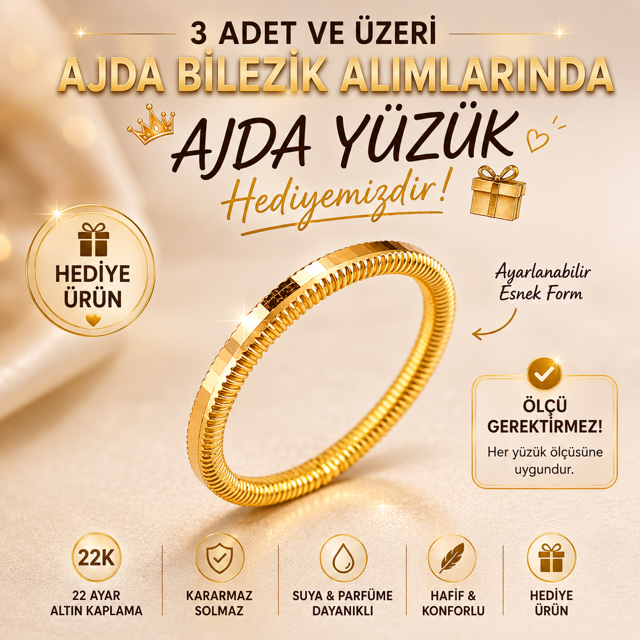 Baklava Desen Ajda Bilezik 22 Ayar Altın Kaplama